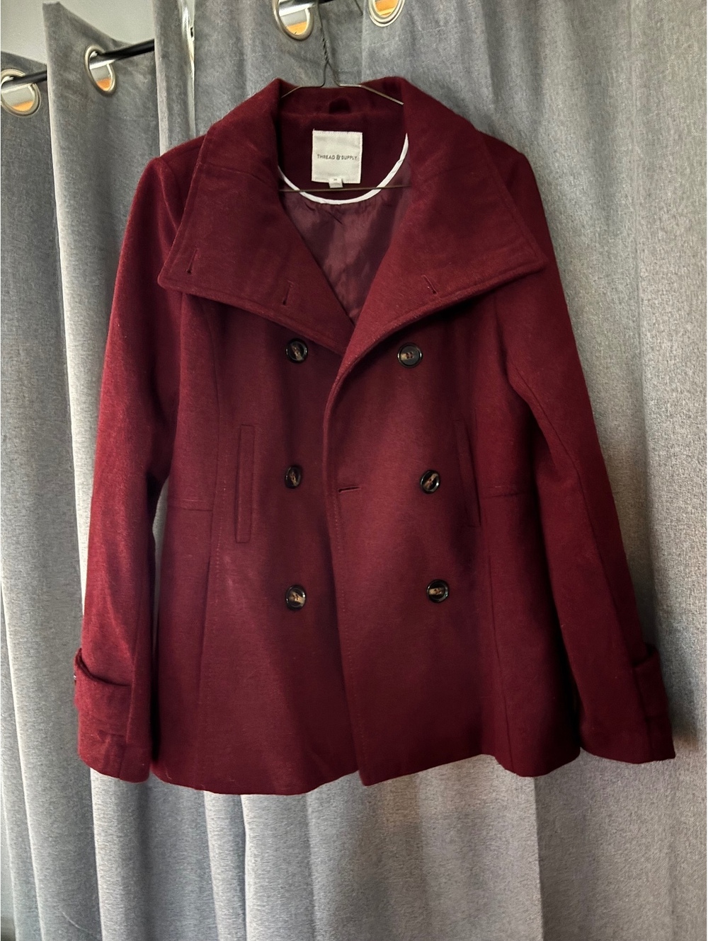 Thread & Supply Women's Burgundy Double-Breasted Wool Blend Peacoat, Size Medium